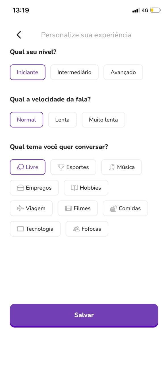 Tela do app Bay: escolha seu nível, a velocidade da fala e o tema da conversa.
