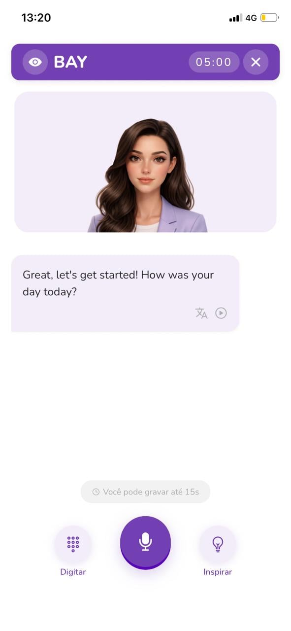 Tela do app Bay: a IA inicia uma conversa em inglês, com microfone para responder por áudio e opção Digitar para responder por texto.